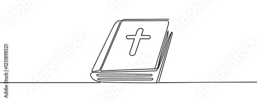 Continuous one line drawing silhouette of Bible. Bible linear icon. One line drawing background. Vector illustration. Line art of Bible