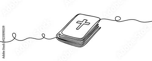 Continuous one line drawing silhouette of Bible. Bible linear icon. One line drawing background. Vector illustration. Line art of Bible