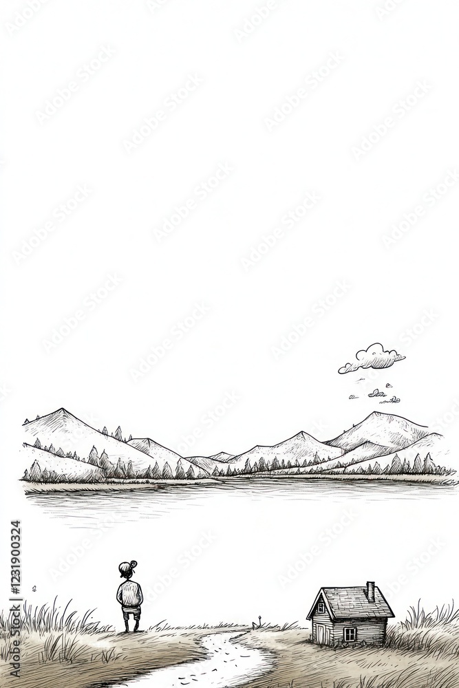 Obraz premium A lone figure stands by a river leading to a small cottage with mountains and a lake in the background.