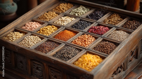 Wallpaper Mural A vibrant assortment of spices neatly arranged in wooden compartments showcasing variety Torontodigital.ca