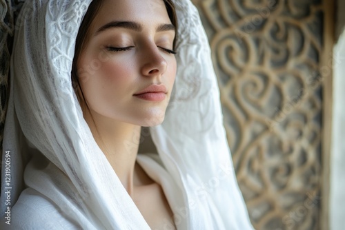 A woman dressed in a white veil and robe, possibly for a wedding or ceremony