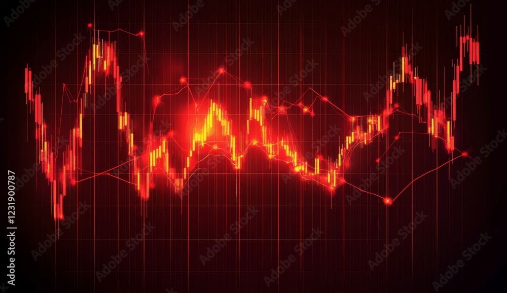 Glowing red candlestick chart depicting stock market volatility and price fluctuations. Glowing red candlestick chart depicting stock market volatility and price fluctuations.