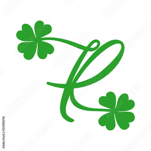 Símbolo de primavera. Logo con letra inicial R con trébol de cuatro hojas para felicitaciones y tarjetas del día de San Patricio
