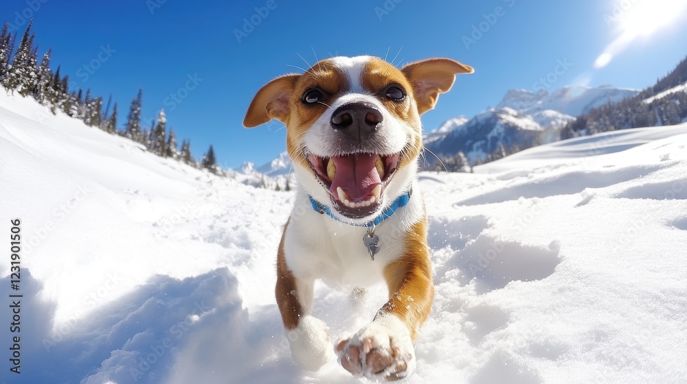 Joyful dog frolicking through a winter wonderland of fresh snow Joyful dog frolicking through a winter wonderland of fresh snow