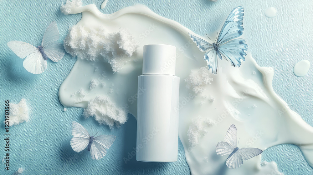 Vector realistic cosmetic promo poster for roll-on deodorant for sensitive skin. Skin care cosmetics antiperspirant in white plastic tube with silver in milk splash with flying butterflies. Ads banner Vector realistic cosmetic promo poster for roll-on deodorant for sensitive skin. Skin care cosmetics antiperspirant in white plastic tube with silver in milk splash with flying butterflies. Ads banner