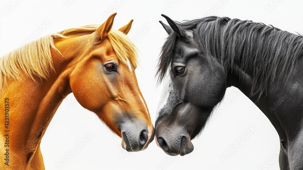 Fototapeta premium Two horses stand side by side, waiting or grazing