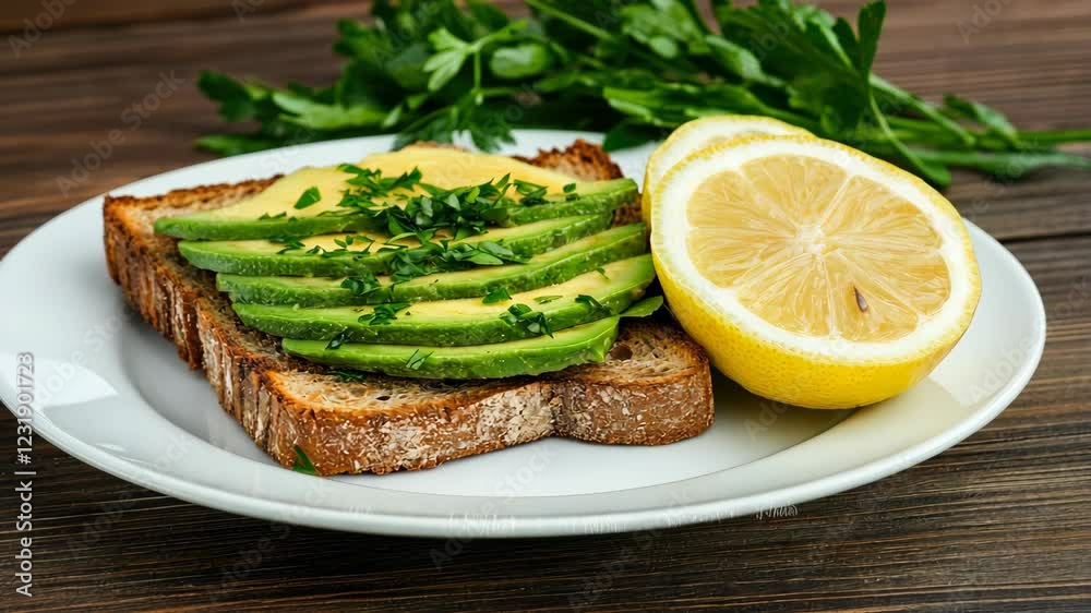 A colorful plate features slices of avocado topped with parsley and lemon on whole grain bread, perfect for a nourishing meal A colorful plate features slices of avocado topped with parsley and lemon on whole grain bread, perfect for a nourishing meal