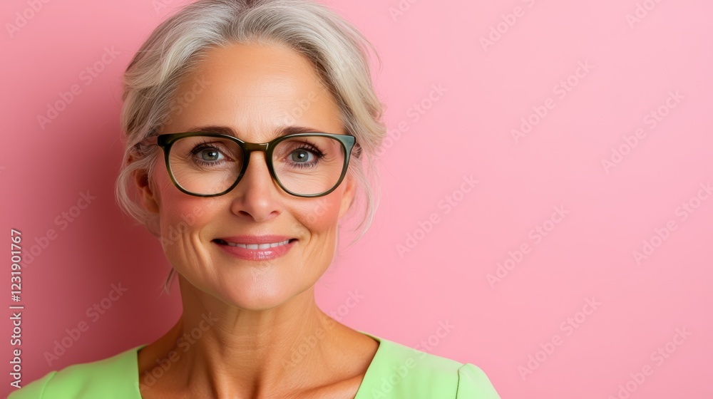 Cheerful middle-aged woman with glasses enjoys a moment of joy in spring Cheerful middle-aged woman with glasses enjoys a moment of joy in spring