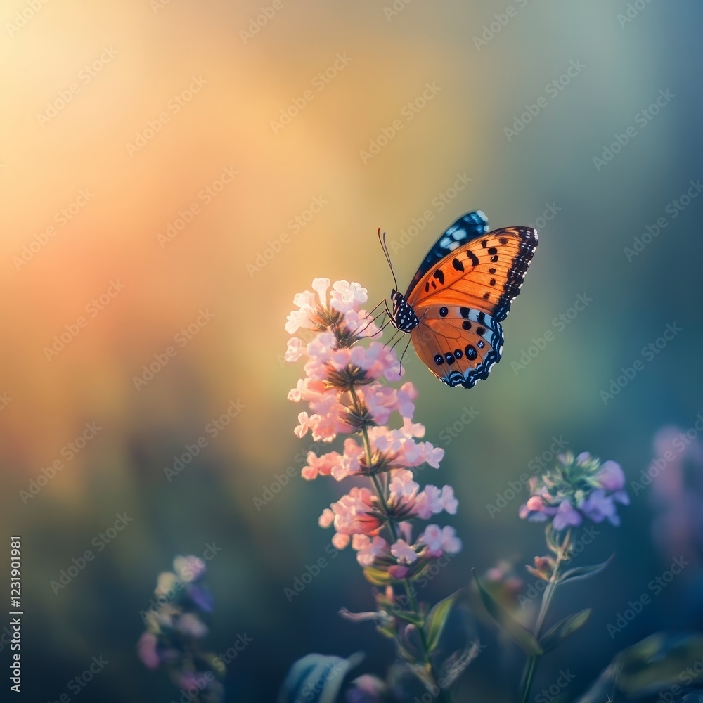 Vibrant Butterfly on Delicate Flowers in Soft Glow at Sunset Vibrant Butterfly on Delicate Flowers in Soft Glow at Sunset