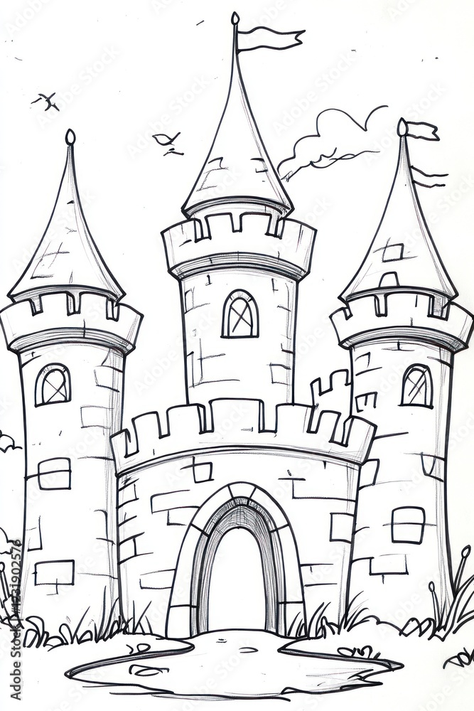Fototapeta premium A simple black and white drawing of a fairytale castle with three towers, a drawbridge, and a flag.