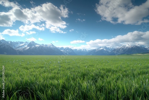 Mountain landscape with green grass and mountain range in the background