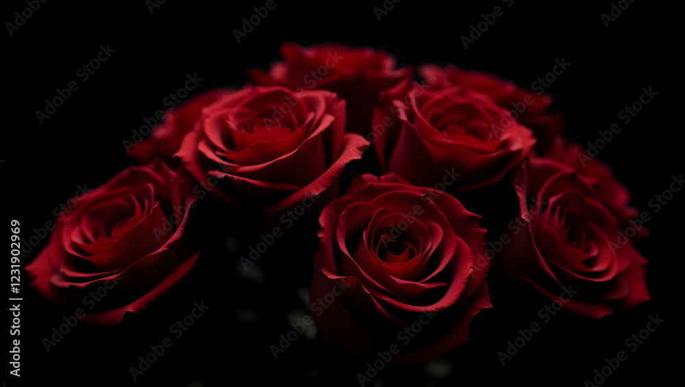 Obraz premium A gorgeous bouquet of red roses, with petals soft to the touch, artfully arranged with curled leaves and a few sparkling droplets of water, set against a deep, velvety black background