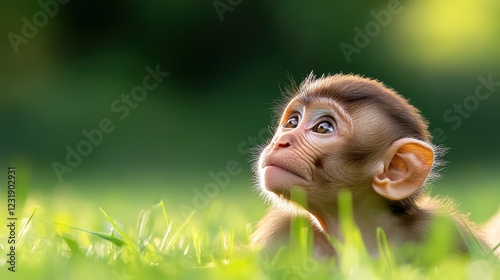 Cute baby monkey having fun with its tail in a sunny meadow photo