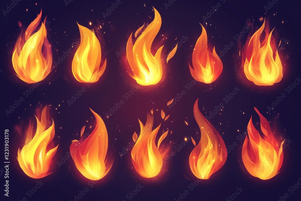 Decorative flames in various shapes and styles showcasing vibrant colors and details for visual effects and design elements Decorative flames in various shapes and styles showcasing vibrant colors and details for visual effects and design elements
