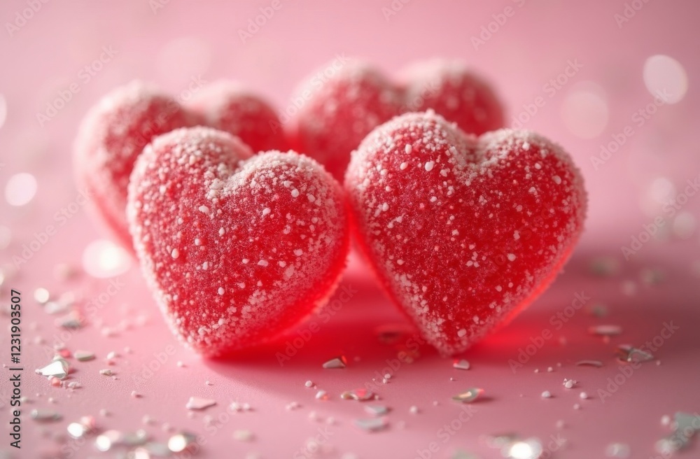 Close-up of red heart-shaped gummy candies coated in granulated sugar, arranged on a pink background with sparkling decorations Close-up of red heart-shaped gummy candies coated in granulated sugar, arranged on a pink background with sparkling decorations