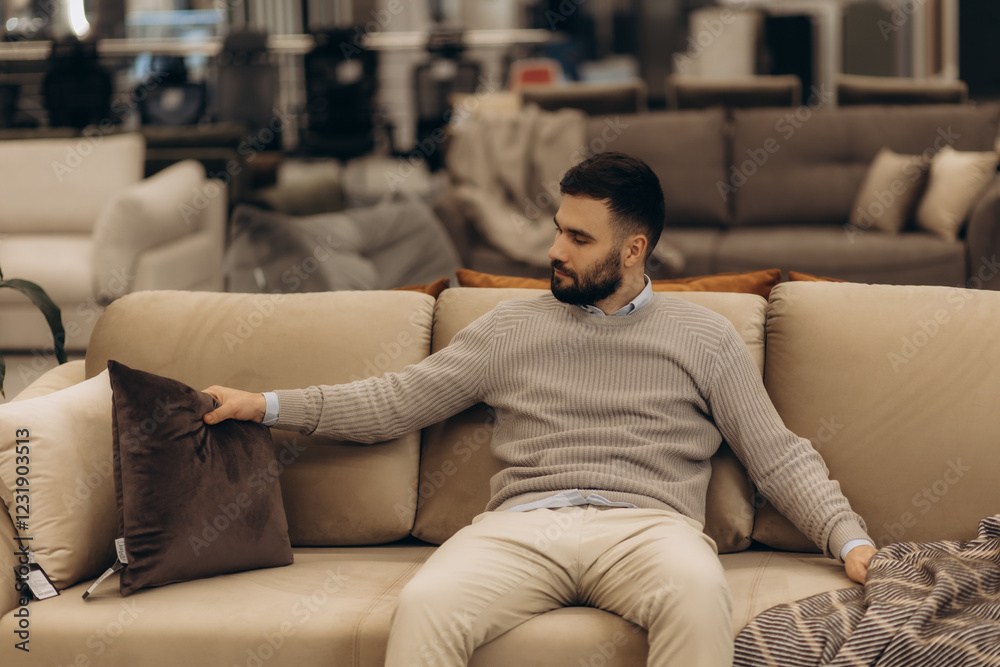 Obraz premium Man in furniture store choosing sofa.