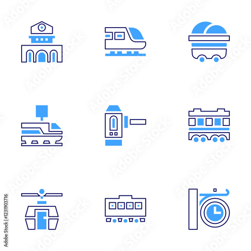 Railway icon set. Bold line style. Duotone colors. Editable stroke. train, funicular, railway station, clock, carriage, turnstile