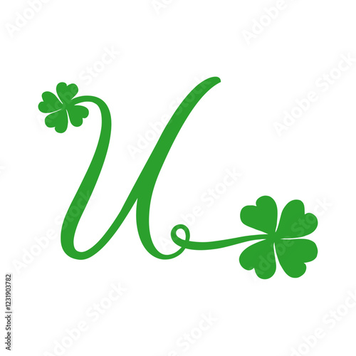 Símbolo de primavera. Logo con letra inicial U con trébol de cuatro hojas para felicitaciones y tarjetas del día de San Patricio