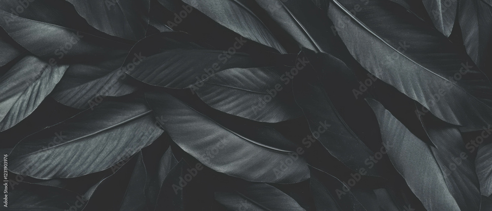 Macro textures of dark leaves showcasing intricate details against a black background