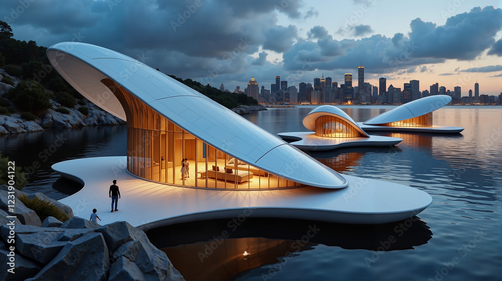 Naklejka premium Futuristic floating temples illuminating calm water, architectural serenity