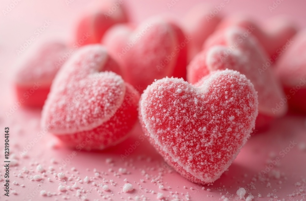 Obraz premium Close-up of red heart-shaped gummy candies coated in sugar granules, scattered on a soft pink background
