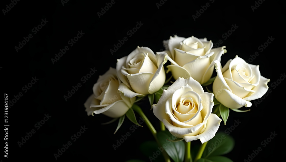 A refined and graceful bouquet of white roses, their petals velvety and luminous, artfully arranged with gentle green stems, contrasted beautifully by a rich black background A refined and graceful bouquet of white roses, their petals velvety and luminous, artfully arranged with gentle green stems, contrasted beautifully by a rich black background