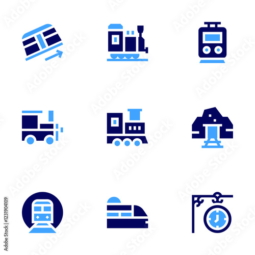 Railway icon set. Bold style. Duotone colors. train, locomotive, subway, clock, gold mine, metro, funicular