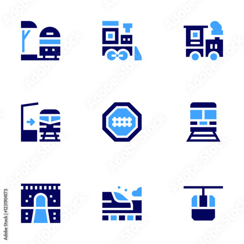 Railway icon set. Bold style. Duotone colors. tunnel, train station, railway, train, locomotive, platform, funicular