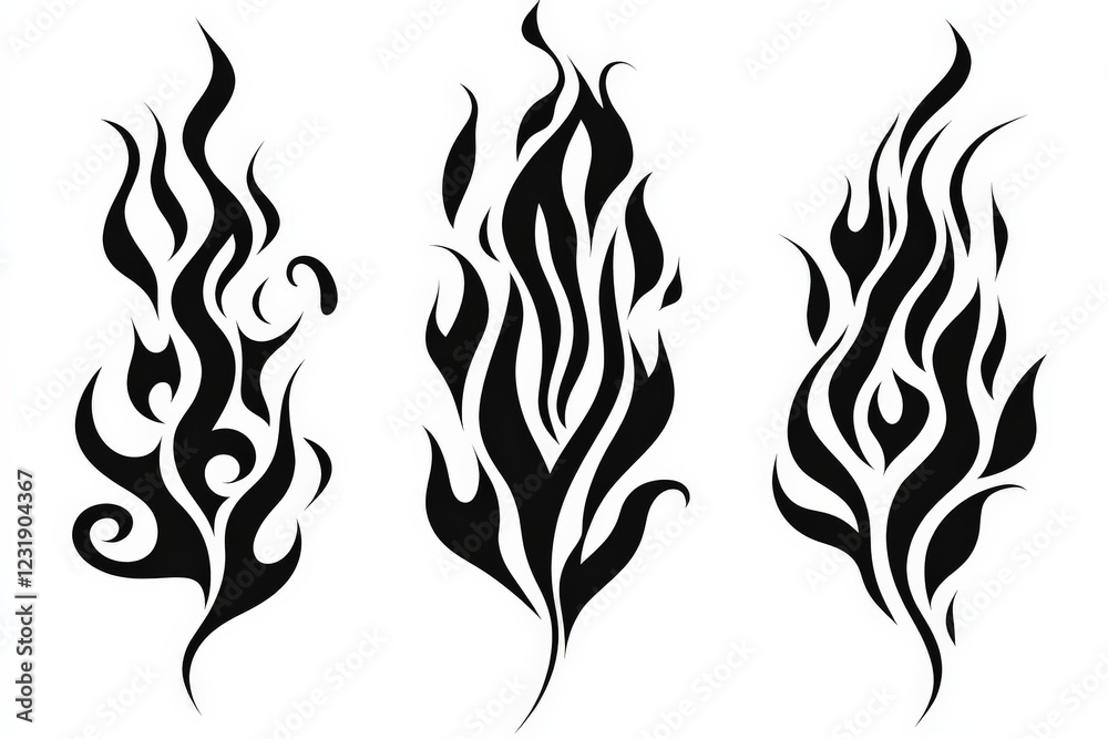 Fototapeta premium Unique black tribal flame designs ideal for tattoos or artwork featuring intricate curves and sharp edges