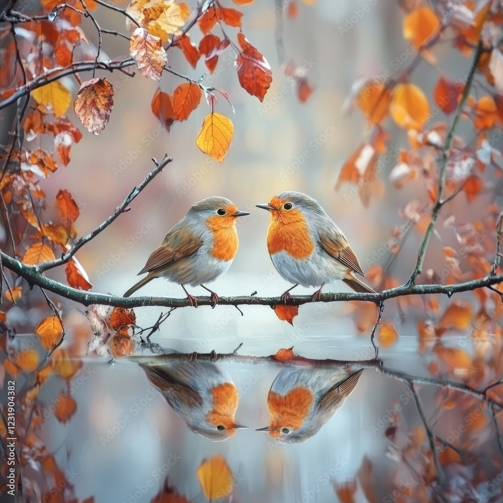 Autumn robins perched on branch, reflections in water. Autumn robins perched on branch, reflections in water.