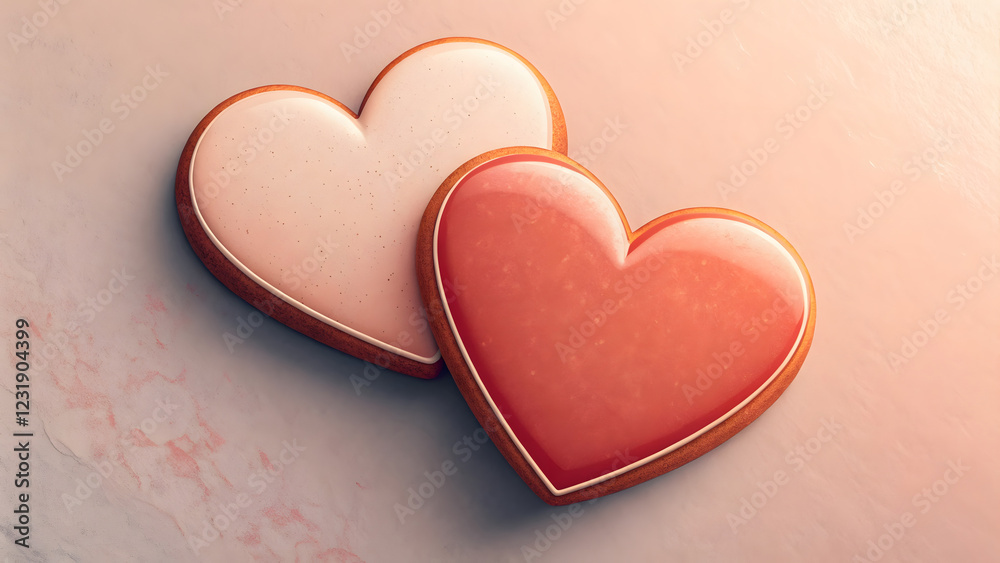 Fototapeta premium This image presents a simple and elegant flat lay composition featuring two heart-shaped cookies. One cookie is a soft pink, while the other is a warm red, creating a visually appealing and romantic.
