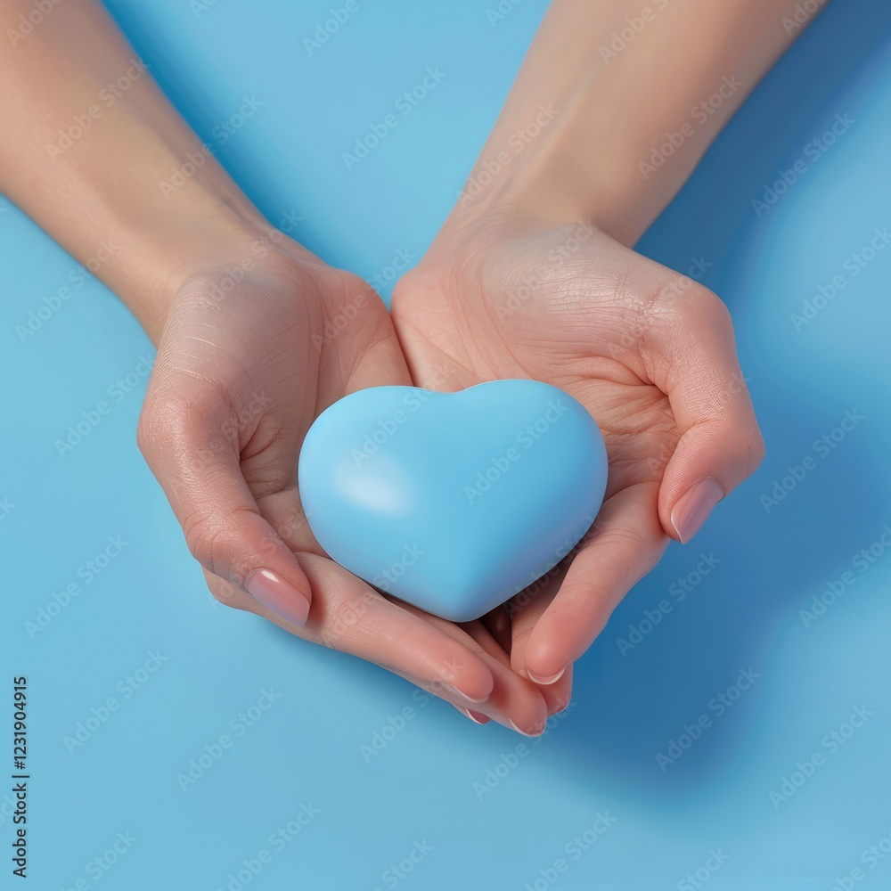 Obraz premium Female hands on a blue background holding a blue heart. The concept of donations and family insurance, World Heart Day. valentine's day.