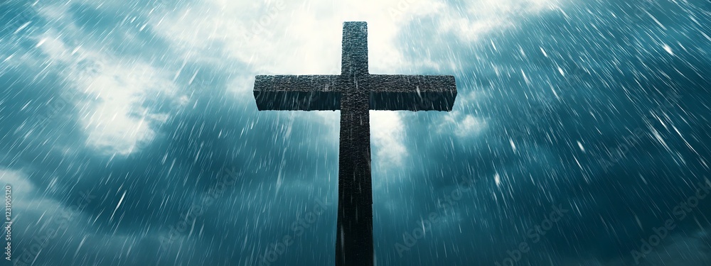 Naklejka premium Photo of a cross, with a blue sky background and rain falling on it 