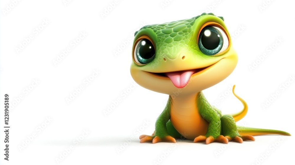 Obraz premium Cute cartoon gecko smiles, white background, children's book illustration