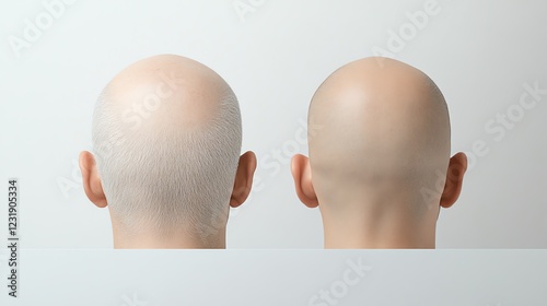 Bald heads from behind, minimalistic style, two people shown, smooth skin, neutral background, focus on texture.