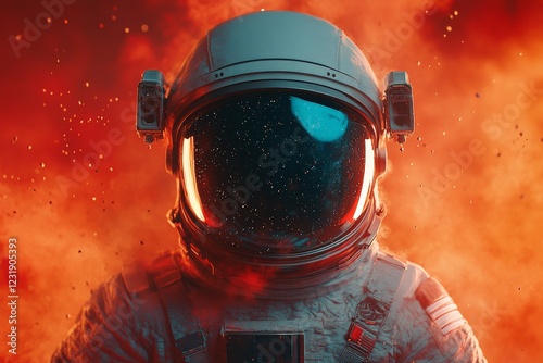 Bright orange flames surround a reflective astronaut helmet in a dramatic, surreal space-themed setting