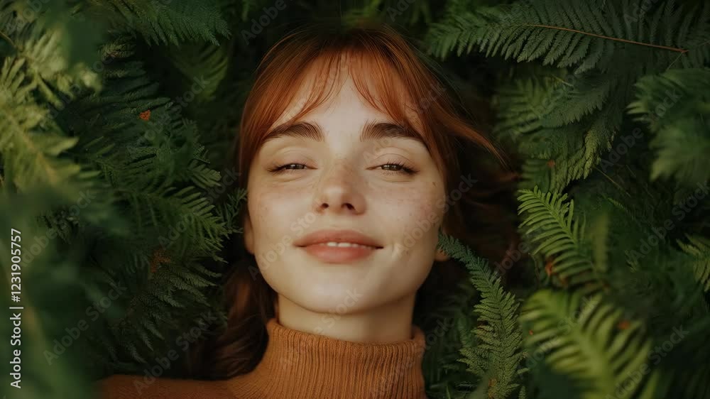 Smiling woman lying on green leaves with fern background enjoying nature and sunlight in a serene environment