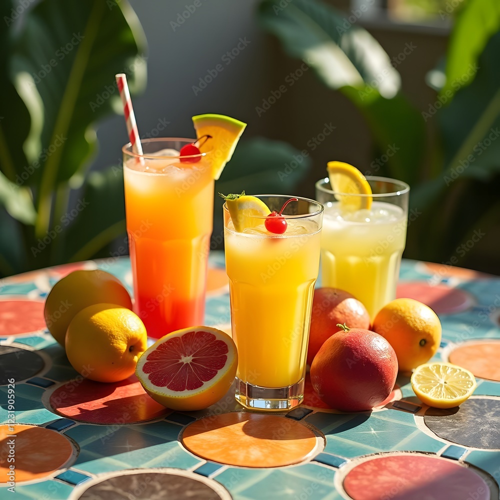 Tropical Summer Drinks and Fruits on Colorful Ceramic Tile Tropical Summer Drinks and Fruits on Colorful Ceramic Tile