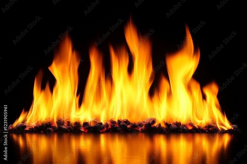 Flames dancing above glowing embers create a captivating display of heat and light in a dark environment Flames dancing above glowing embers create a captivating display of heat and light in a dark environment