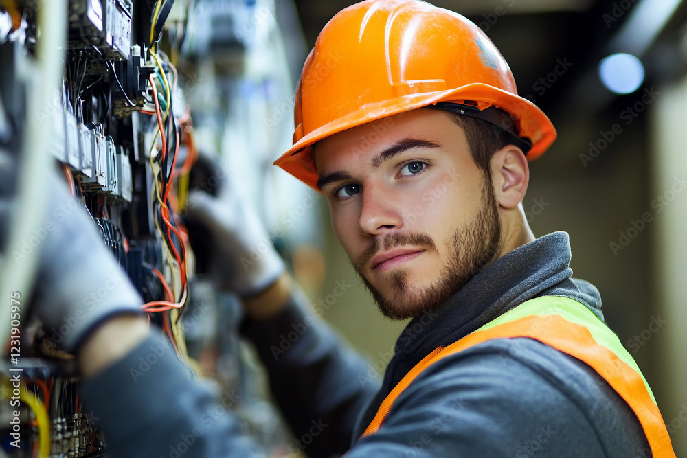 Focused Electrician in Hard Hat Working with Wiring in Industrial Setting, Generative AI Focused Electrician in Hard Hat Working with Wiring in Industrial Setting, Generative AI