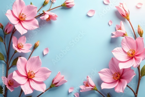 Soft pink hues blend with delicate light blue tones in a whimsical floral arrangement, bloom, pastel, flowers