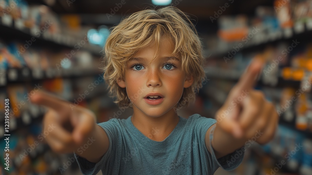 Young Boy Points In A Supermarket Aisle Young Boy Points In A Supermarket Aisle