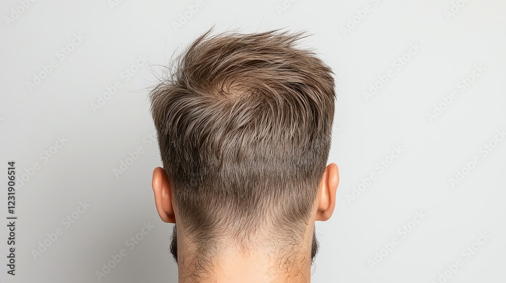Rear view of a man's haircut showcasing a modern style with light brown hair, isolated on a grey background. Rear view of a man's haircut showcasing a modern style with light brown hair, isolated on a grey background.