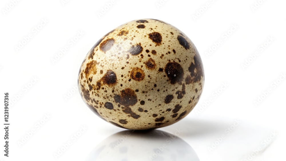 A single boiled quail egg, perfectly styled against a white backdrop; a high-resolution culinary image. A single boiled quail egg, perfectly styled against a white backdrop; a high-resolution culinary image.