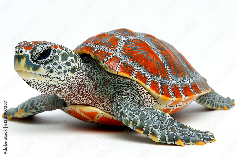 Obraz premium Vibrant sea turtle, intricate shell patterns, close-up view.