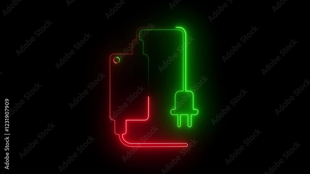 Glowing neon Powerful - lightning charging battery icon neon fast charging Electric Charging Station Battery 4k animation on black background.