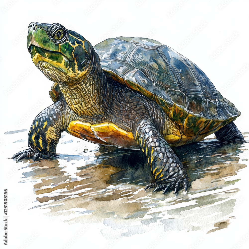 Fototapeta premium Watercolor painting of a turtle on mud, viewed from the side.
