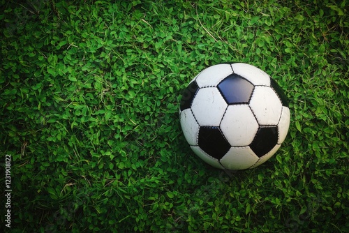 A soccer ball sits atop a vibrant green grassy area, ready for play