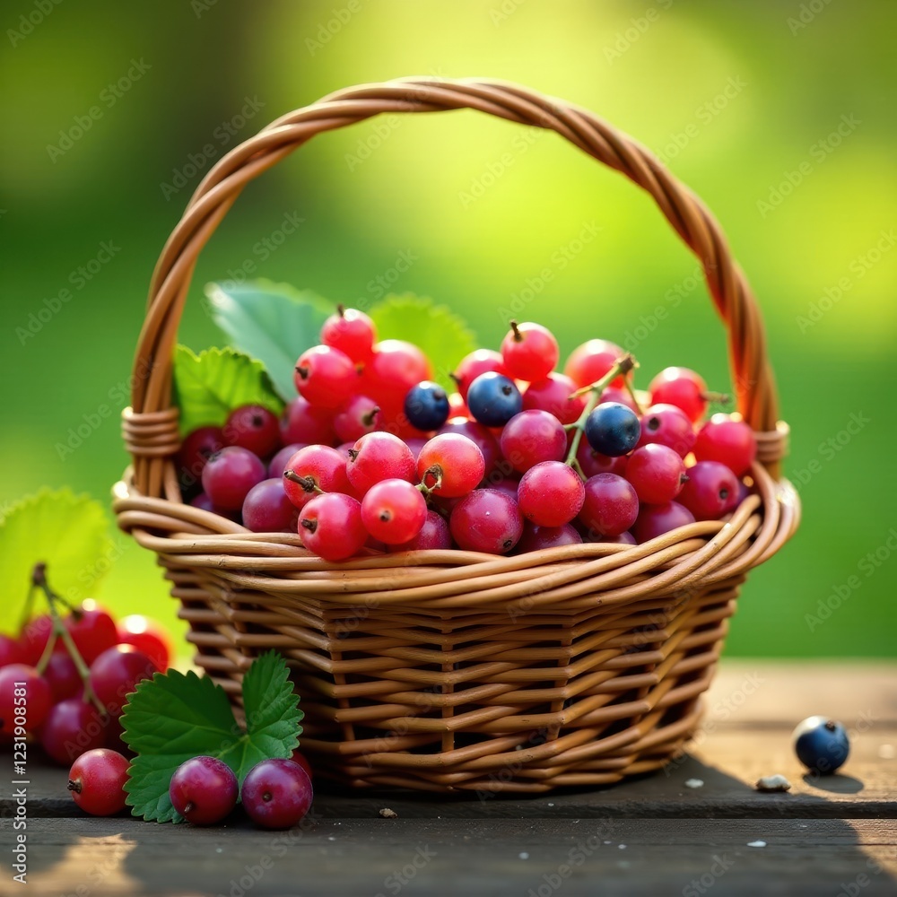 Wicker basket filled with red grapes and berries, agriculture, basket Wicker basket filled with red grapes and berries, agriculture, basket