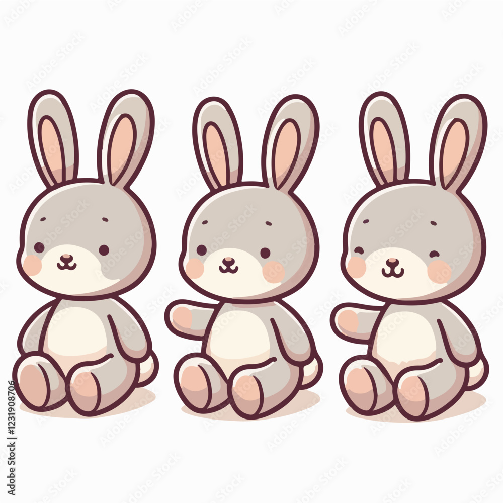 Three Adorable Bunnies: A trio of adorable gray bunnies sit in a row, their big eyes and sweet smiles radiating cuteness. Their soft. Three Adorable Bunnies: A trio of adorable gray bunnies sit in a row, their big eyes and sweet smiles radiating cuteness. Their soft.